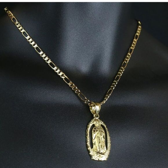 Gold Holy Mary Pendant and 16” Figaro Chain New